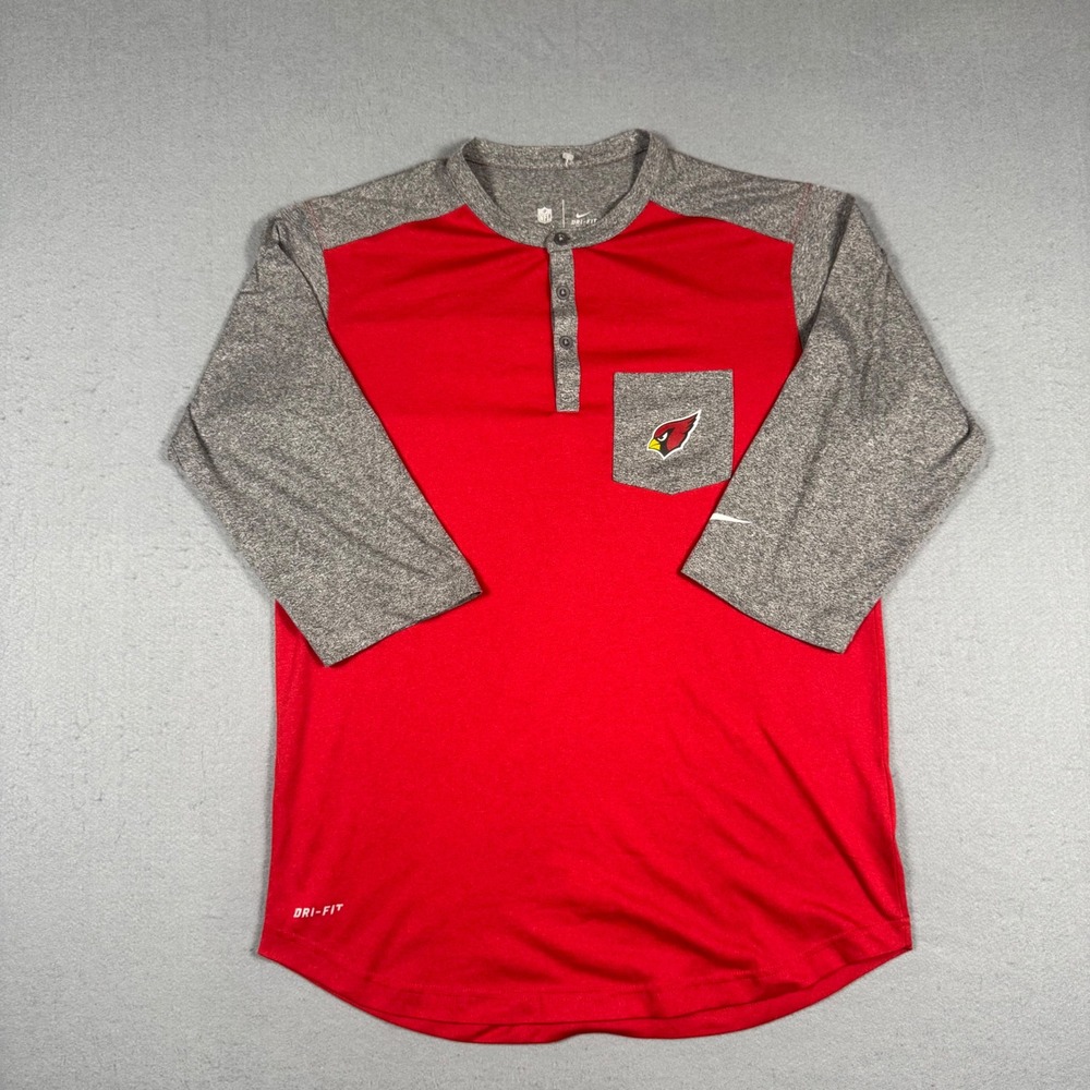 Nike Arizona Cardinals Henley Shirt Mens Medium Red Gray Dri-Fit 3/4 Sleeve NFL